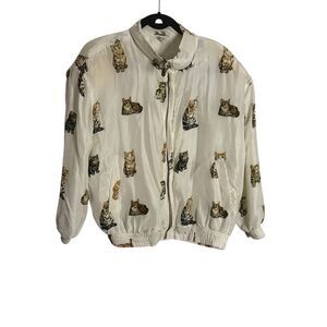 Vintage Fuda International Womens Cat Print Silk Full Zip Bomber Jacket Ivory PM